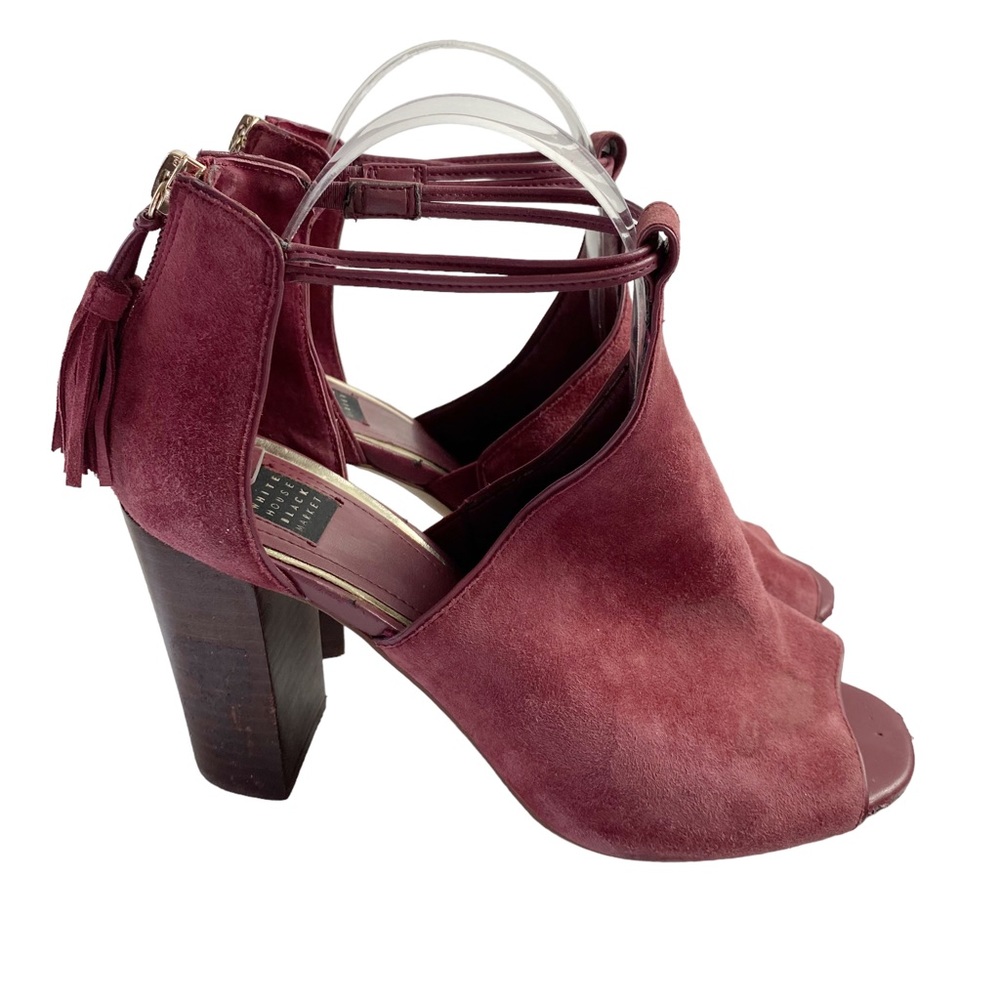 WHBM Burgundy Open Toe Suede Heels Zipper Heel